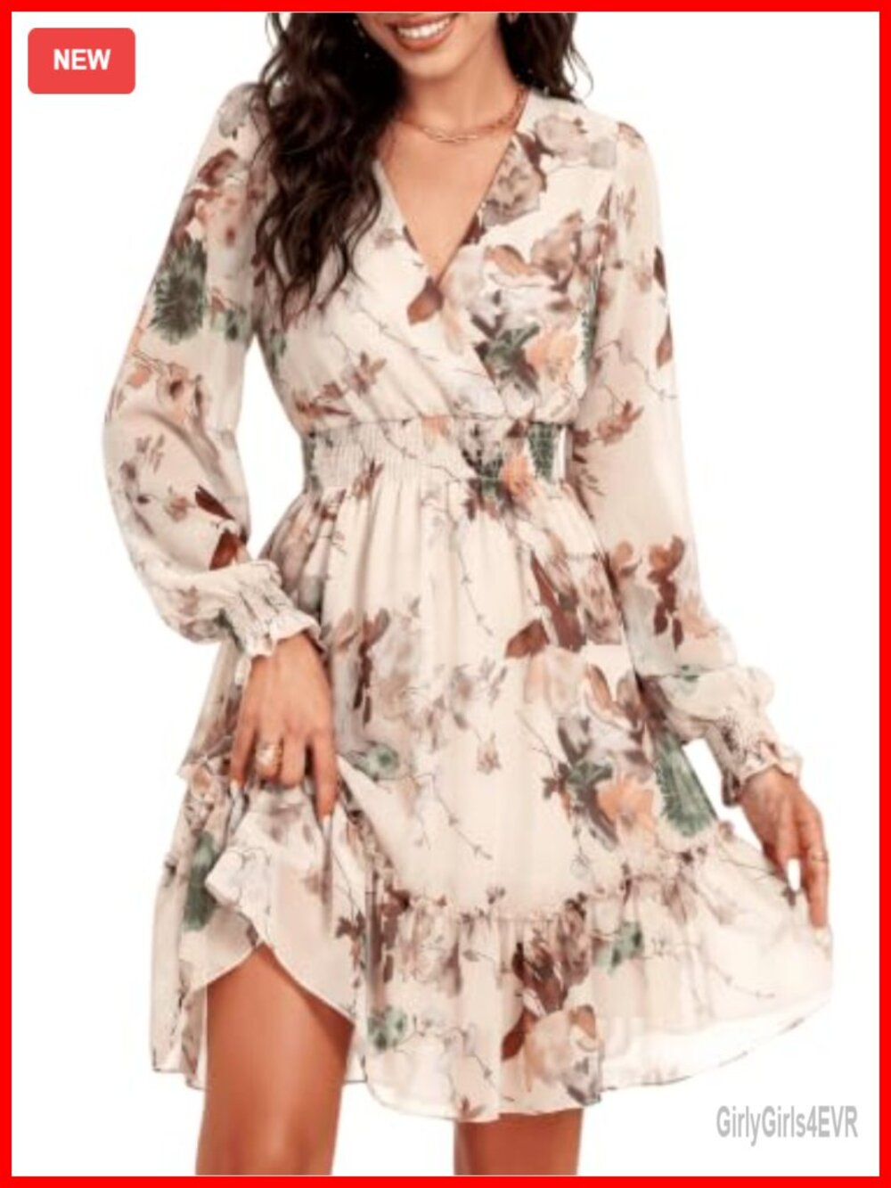 Chiffon Long Sleeve Wrap Neck Mini Dress Wedding Guest Smocked Waist
